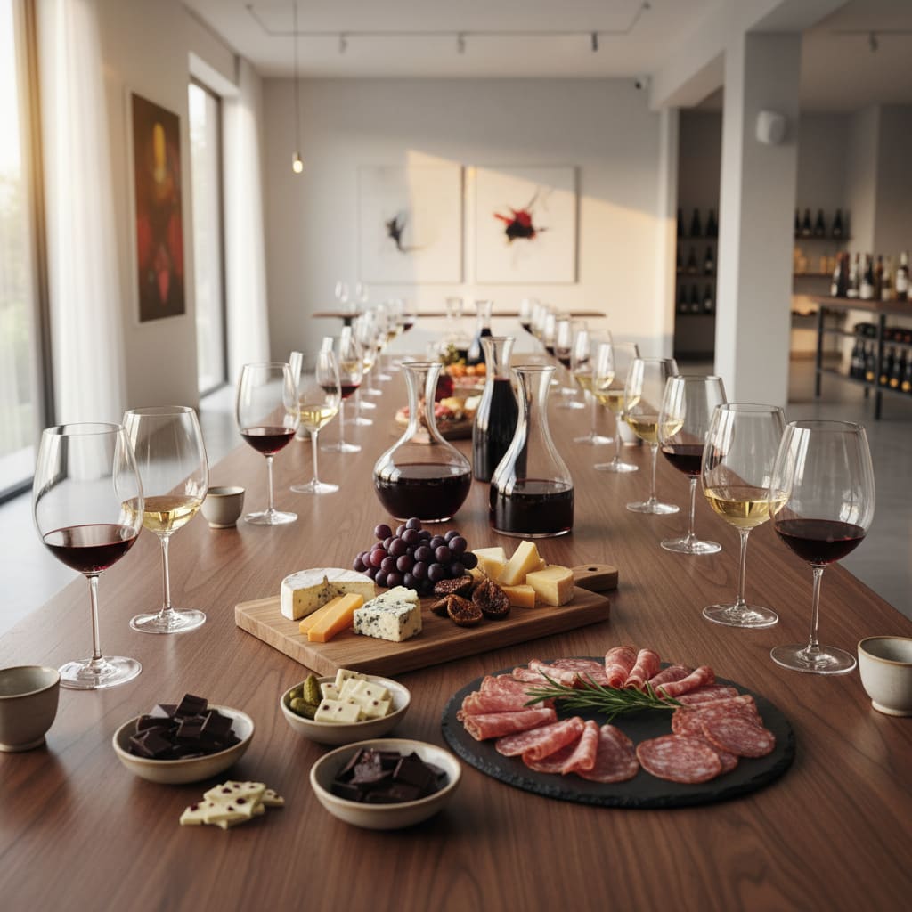 Weinverkostungstisch mit Käse, Schokolade und Häppchen