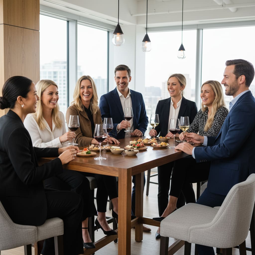 Business-Team bei einer Weinverkostung